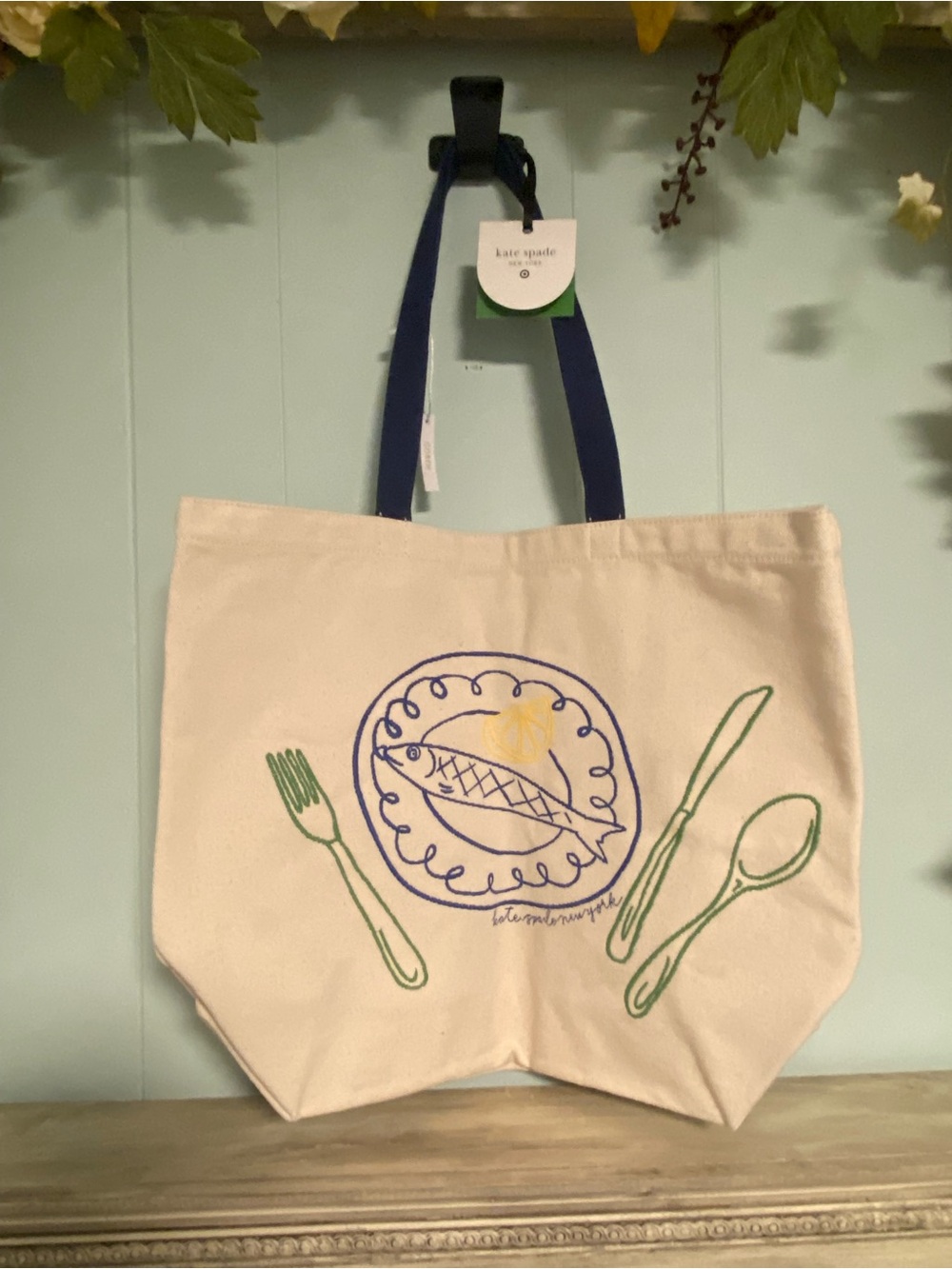NWT Kate Spade x Target Canvas Fish Plate Tote with Navy Straps